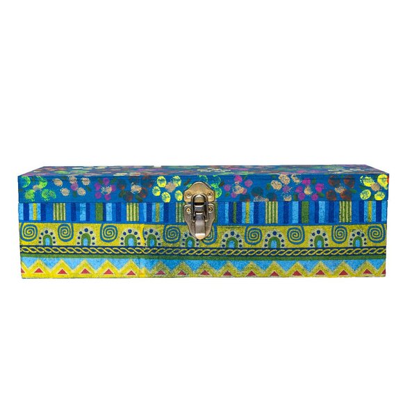 Other - Hand-Painted Boho Wooden Jewelry Box Retro Floral Trinket Storage Chest Blue.